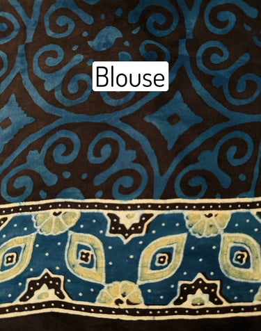 Ajrakh hand block printed modal silk saree | Blue & Green | Ships from California